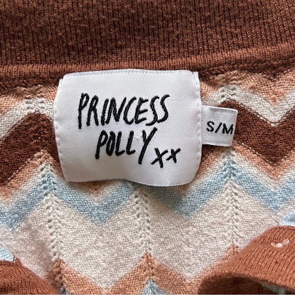 Princess Polly Brown Zigzag Knit Polo Top Cropped Short Sleeve Sweater Size S/M - Picture 4 of 7